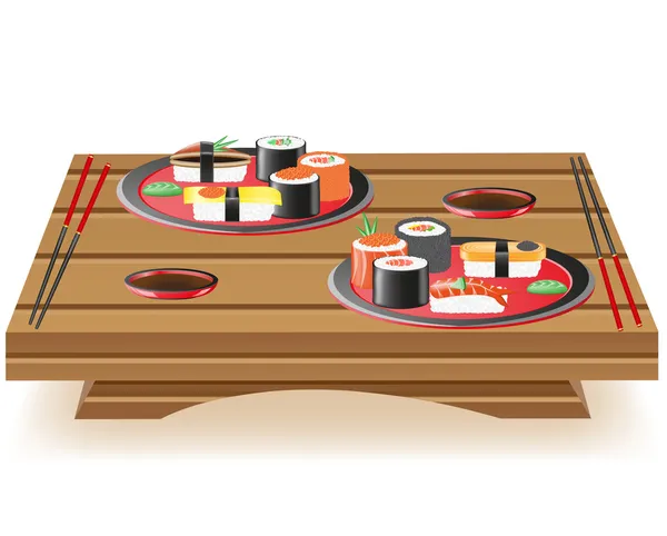 Suchi servido en ilustración de vectores de mesa de madera — Vector de stock