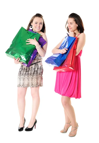 Meninas engraçadas com sacos de compras — Fotografia de Stock