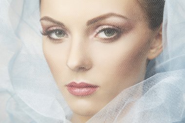 Fashion photo of beautiful women under blue veil clipart