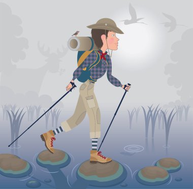 Morning hiking in fog clipart