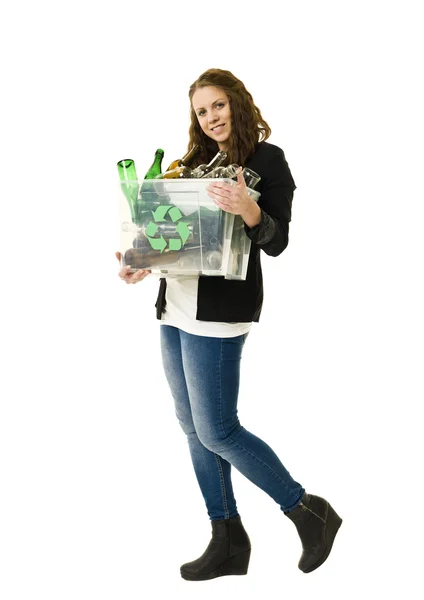Vidro mulher Reciclagem — Fotografia de Stock