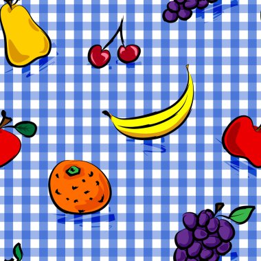 Seamless grungy fruits over blue gingham pattern clipart