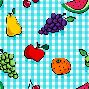 Seamless grungy fruits over light blue gingham pattern clipart