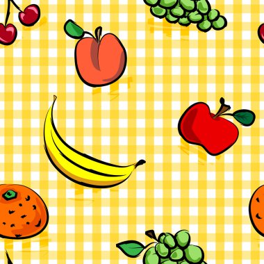 Seamless grungy fruits over yellow gingham pattern clipart