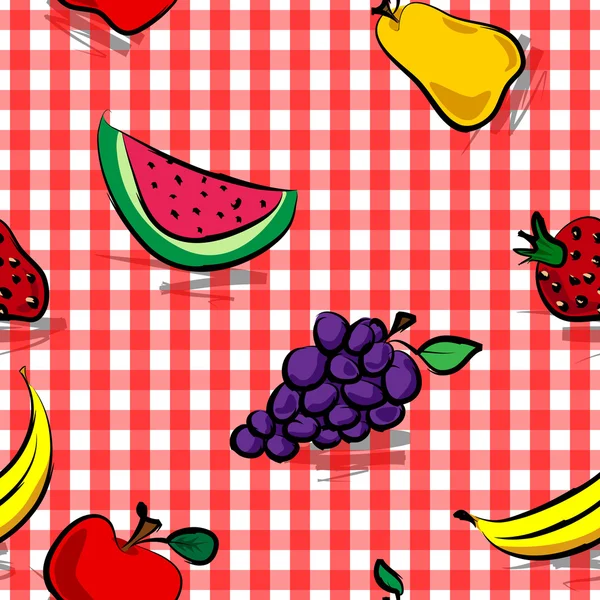 Frutas grungy sem costura sobre o padrão de gingham vermelho — Vetor de Stock