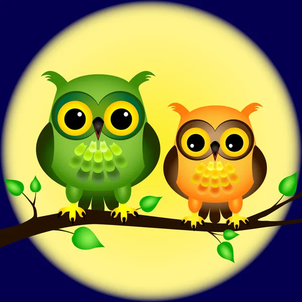 Owls on branch with full moon — Stock Vector