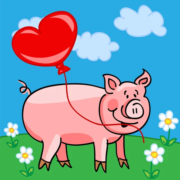 Schweinezeichentrick mit Herzballon — Stockvektor