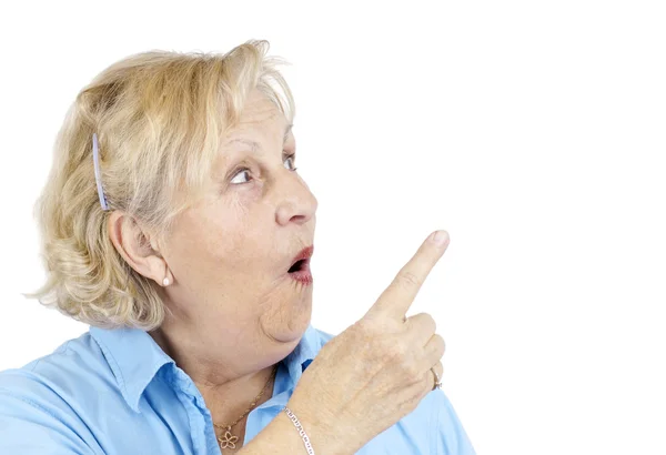 Shocked senior woman pointing — Stock Photo, Image