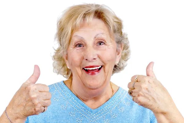 Šťastný starší žena kvokání nahoru — Stock fotografie