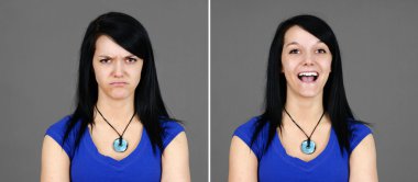 Choice of super happy and mad young woman portraits clipart