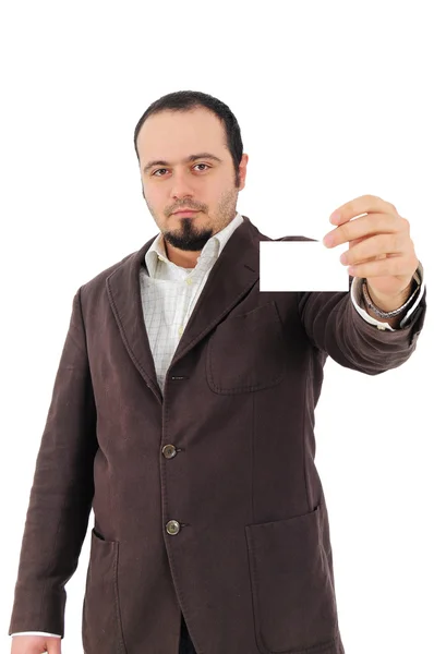 Joven mostrando tarjeta en blanco — Foto de Stock
