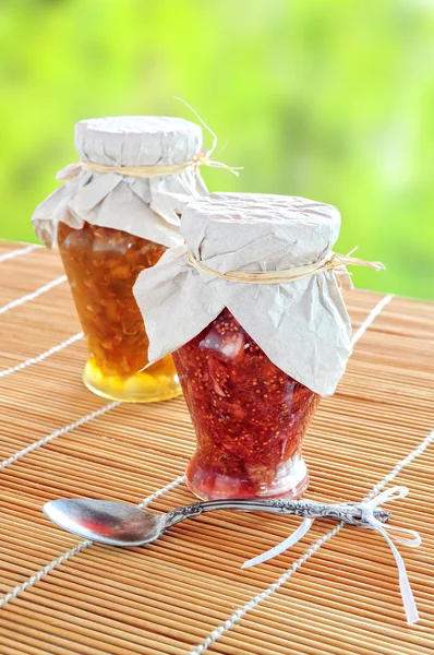 stock image Two jars of fruit jam