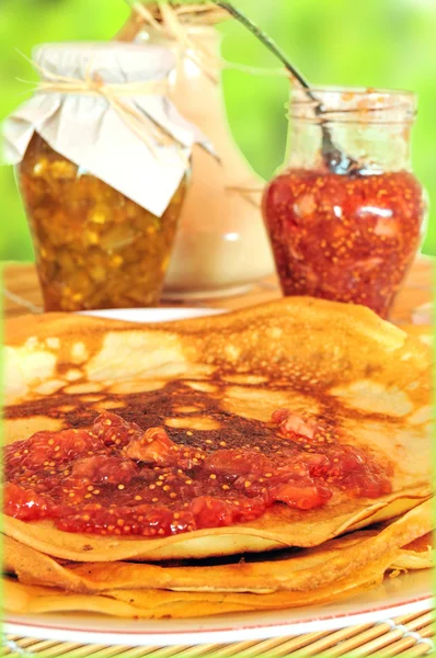 stock image Pancakes and fruit jam