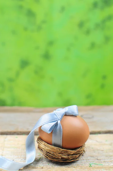 Natural easter egg with blue ribbon in nest — Stock Photo, Image