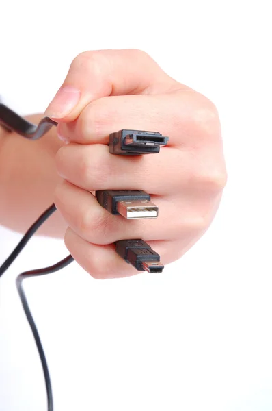 Женщина держит за руку USB и кабель esata — стоковое фото