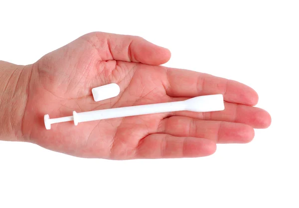Vaginales Zäpfchen in Frauenhand isoliert auf weißem Grund — Stockfoto