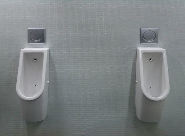 Urinoarer med två vita målade en fluga på toaletten — Stockfoto