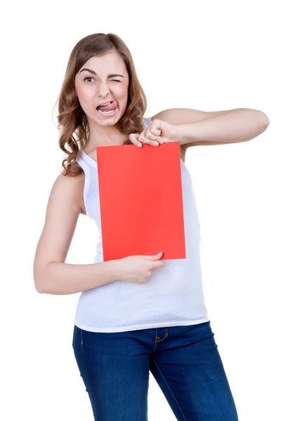 Beautiful girl with a red sheet of paper winks — Stock Photo, Image