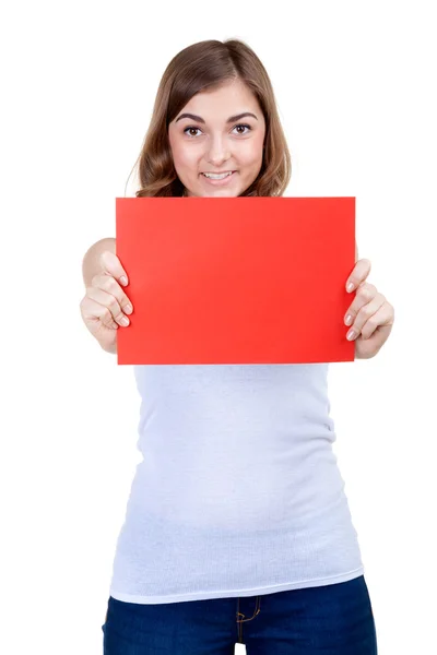 Menina bonita com uma folha vermelha de papel pisca — Fotografia de Stock