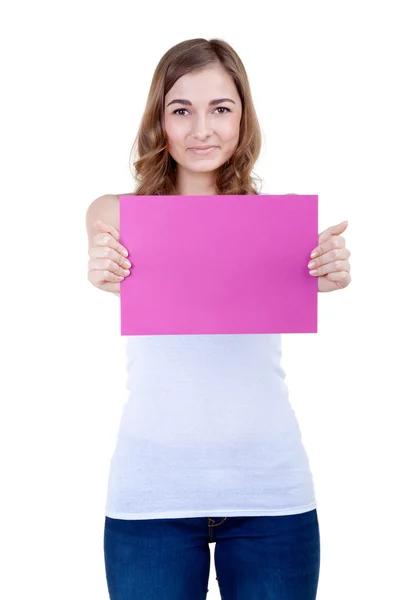 Mooi meisje met een roze blad papier knipoogt — Stockfoto