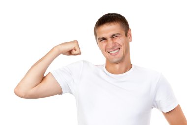 Lean muscle man shows his hand clipart