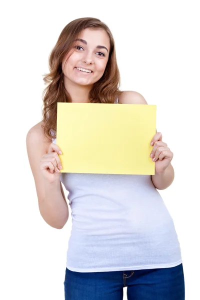 Girl showing your text to us — Stock Photo, Image