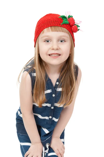 Speelse vier-jaar-girl poseren op een witte achtergrond — Stockfoto