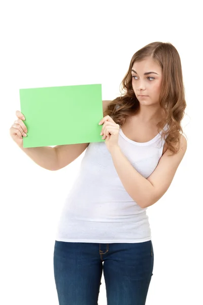 Picture of happy teenage girl with blank green board — Stock Photo, Image