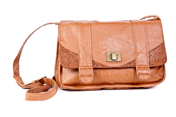 茶色の革のハンドバッグのファッショナブルな女性 — ストック写真