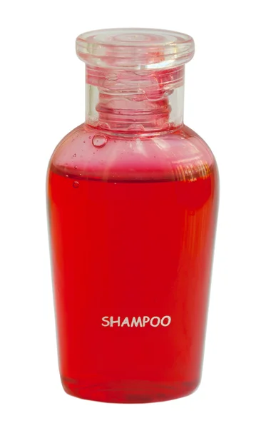 Piccola bottiglia rossa di shampoo — Foto Stock