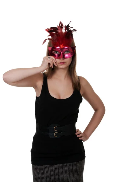 Kırmızı maskeli balo maskeli kız — Stok fotoğraf