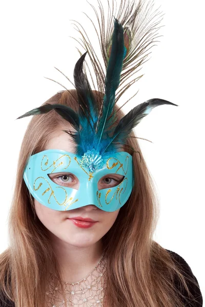 Girl in the blue masquerade mask — Stock Photo, Image