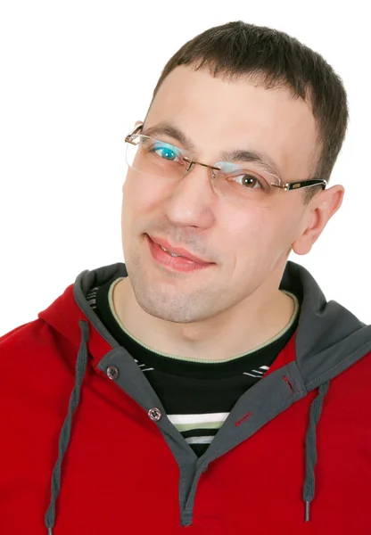 Retrato de um cara com óculos em um vestido vermelho — Fotografia de Stock