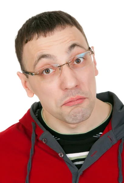 Porträtt av en kille med glasögon i en röd klänning — Stockfoto