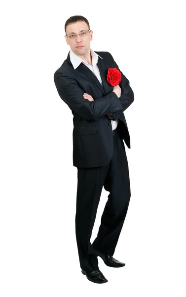 Muž s tango tanečnice v červené látky květina v jeho bundě poc — Stock fotografie