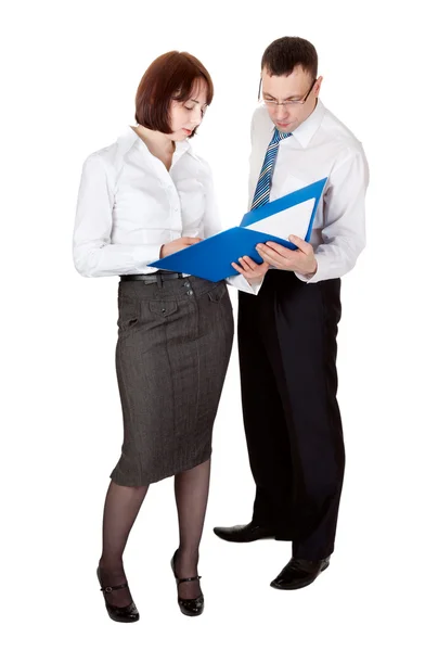 Business couple with a folder for documents in the studio — Stock Photo, Image