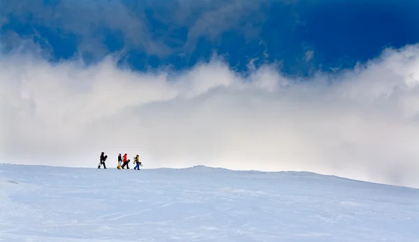 Four snowboarders go up the hill — Stock Photo, Image
