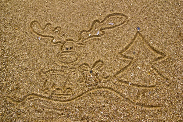 Reindeer, gift and christmas tree drawn on sand Stock Picture