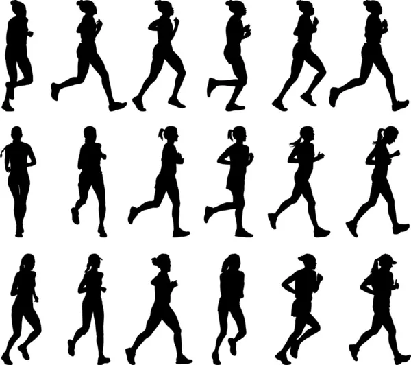 Maratona feminina corredores silhuetas — Vetor de Stock