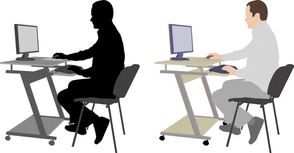 Muž sedí v přední části počítače — Stockový vektor