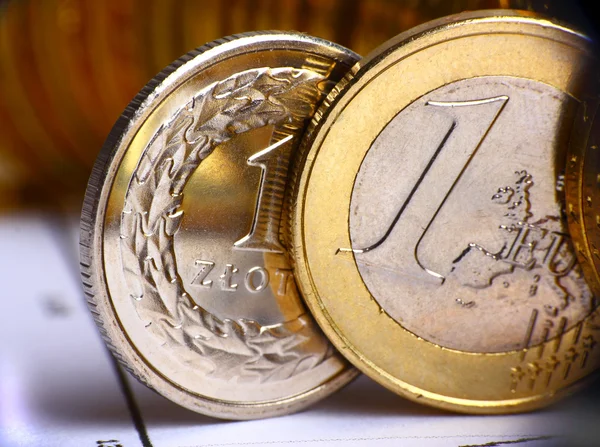 Extremely close up view of European and Poland currency — Stock Photo, Image