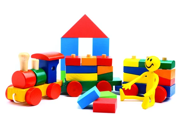 Trem de brinquedo de madeira colorido — Fotografia de Stock