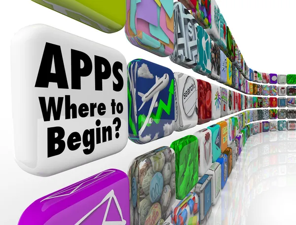 Apps waar te beginnen muur van app tegels van veel verwarrend keuzes — Stockfoto