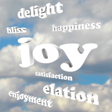 Joy Words in Cloudy Sky Satisfaction Happiness clipart
