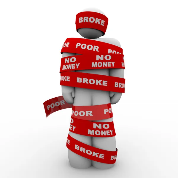 Broke Poor Person Wrapped in Tape Trapped in Debt — Stock Photo, Image
