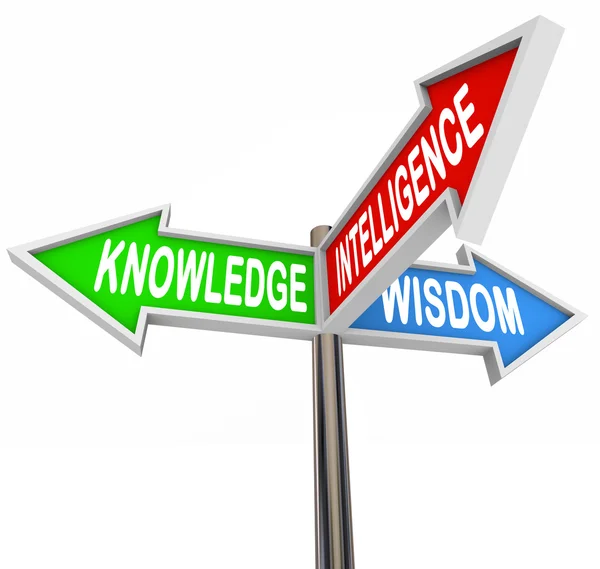Kennis intelligentie wijsheid woorden op de borden van de pijl — Stockfoto