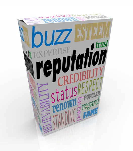 Palavras de reputação na caixa Credible produto confiável — Fotografia de Stock