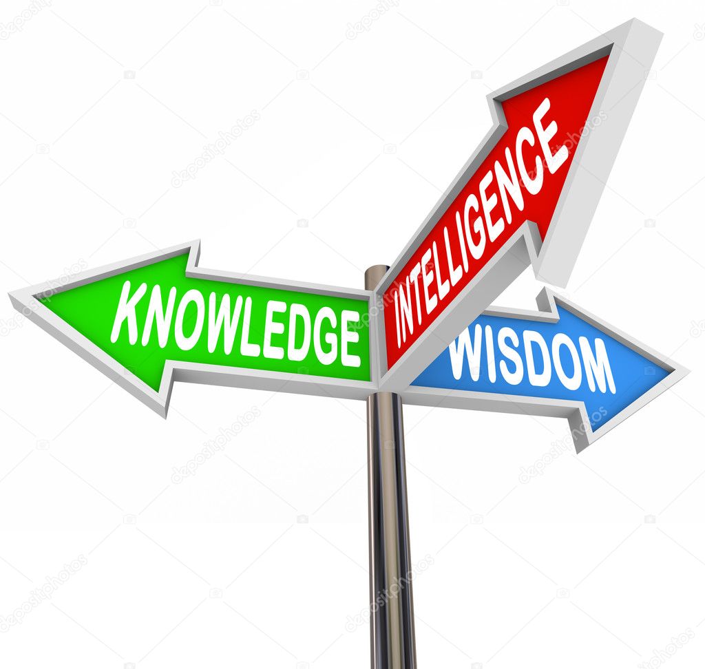 Knowledge Intelligence Wisdom Words on Arrow Signs