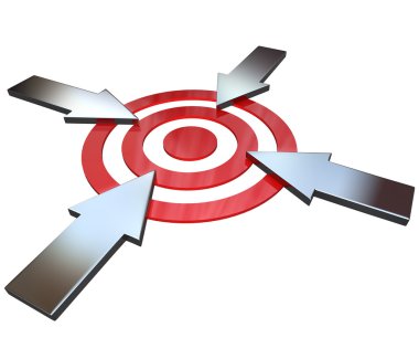 Four Competing Arrows Point at Bulls-Eye Target clipart