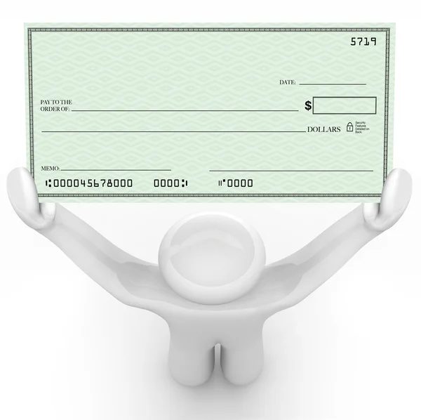 Pessoa segurando grande cheque em branco Pagamento rico — Fotografia de Stock